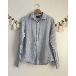 Quince 100% European Linen Relaxed Fit Long Sleeve Shirt Blue Pinstripe Coastal